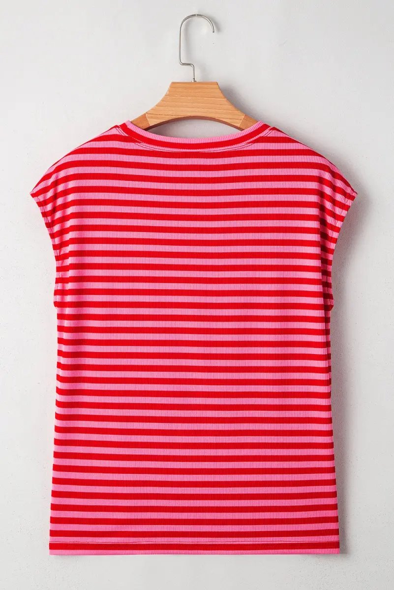 Red Stripe Ribbed Cap Sleeve Round Neck T Shirt for Women - Love Salve